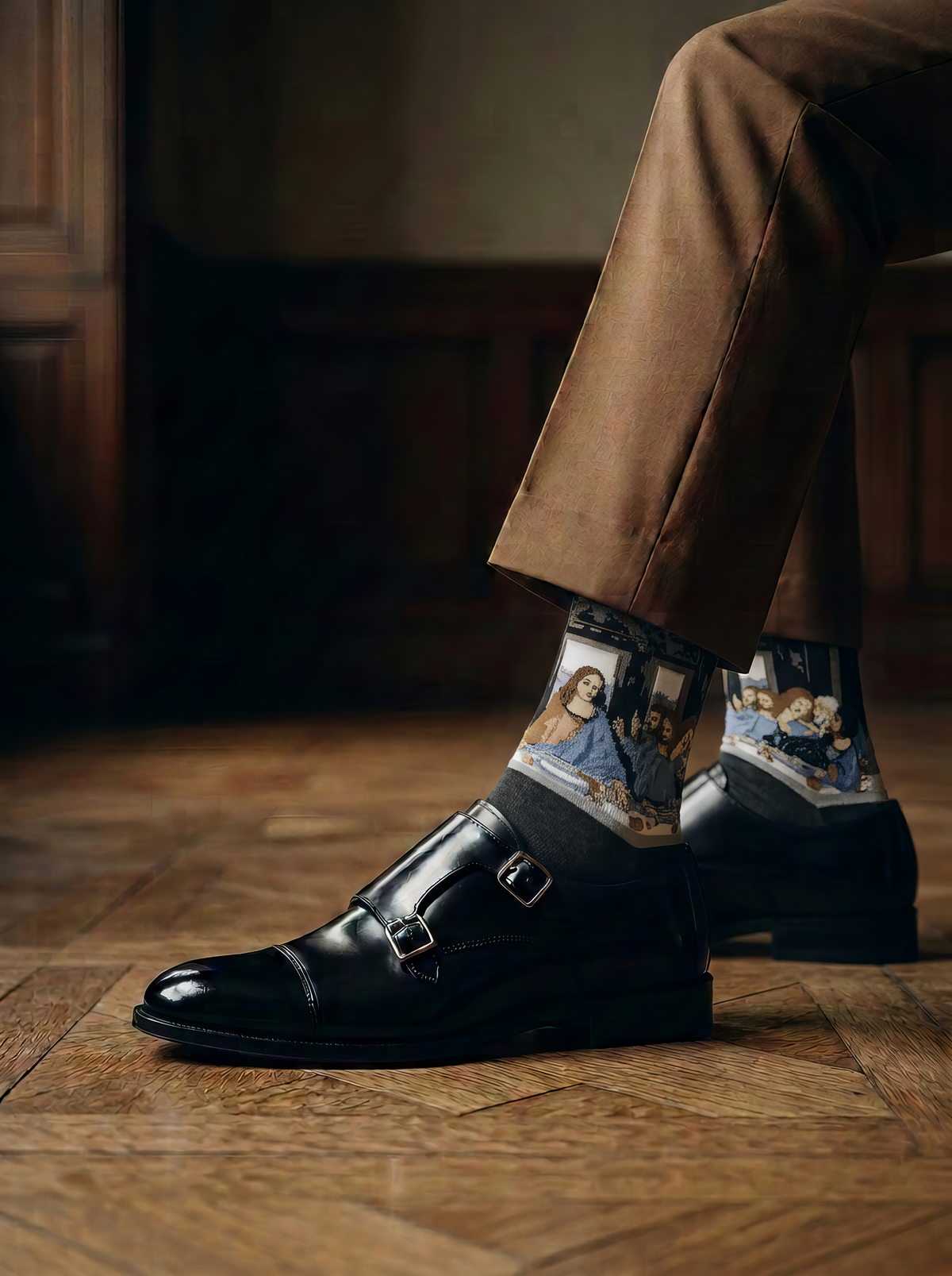 The Last Supper art socks featuring Leonardo da Vinci’s artwork worn with black leather shoes against a wooden background