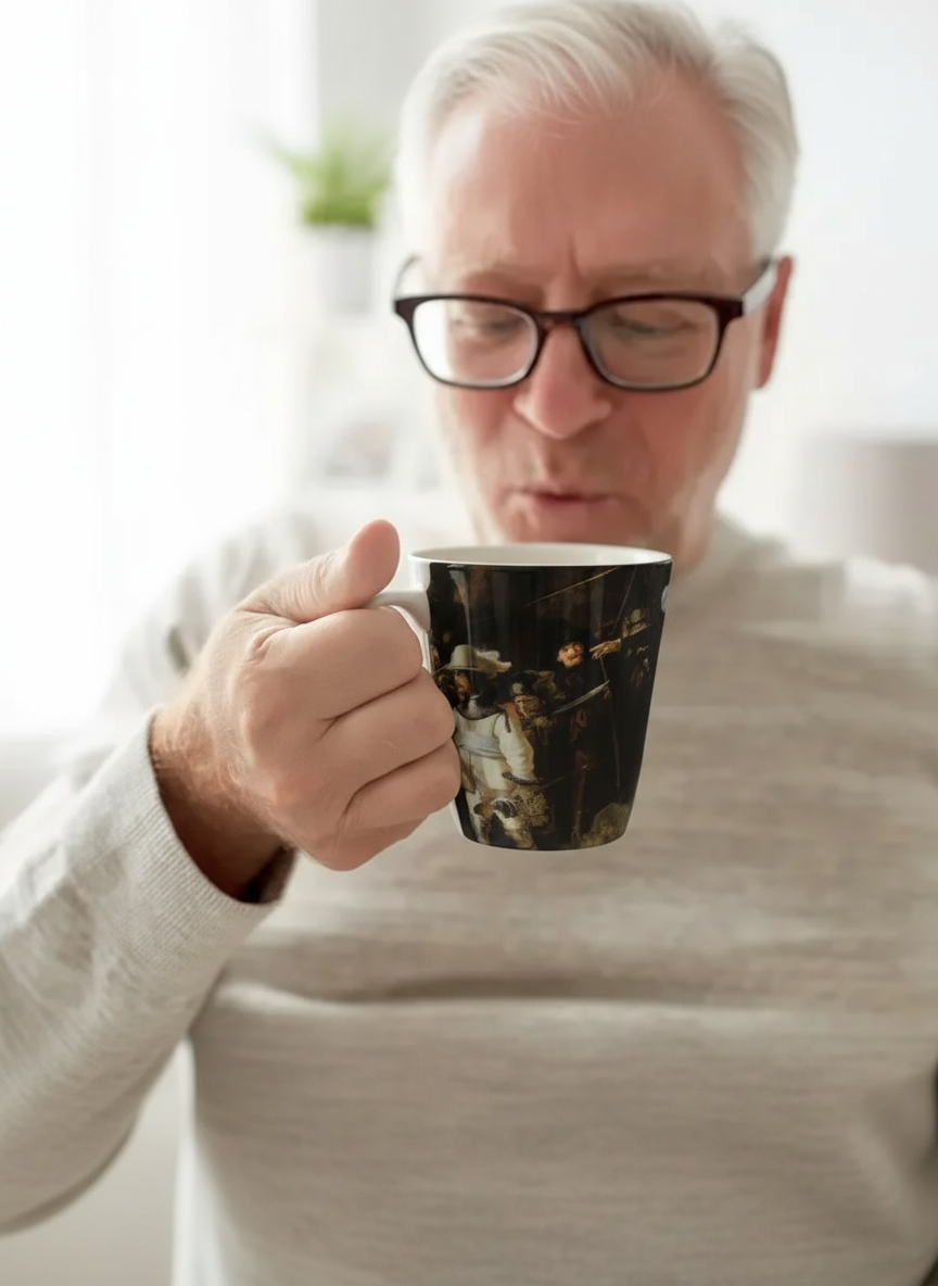 Rembrandt Night Watch porcelain mug – man drinking from mug, ArtyGifts