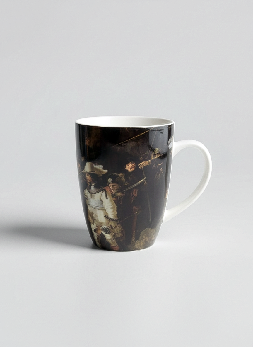 Rembrandt Night Watch porcelain mug front view – dark art design, ArtyGifts museum shop