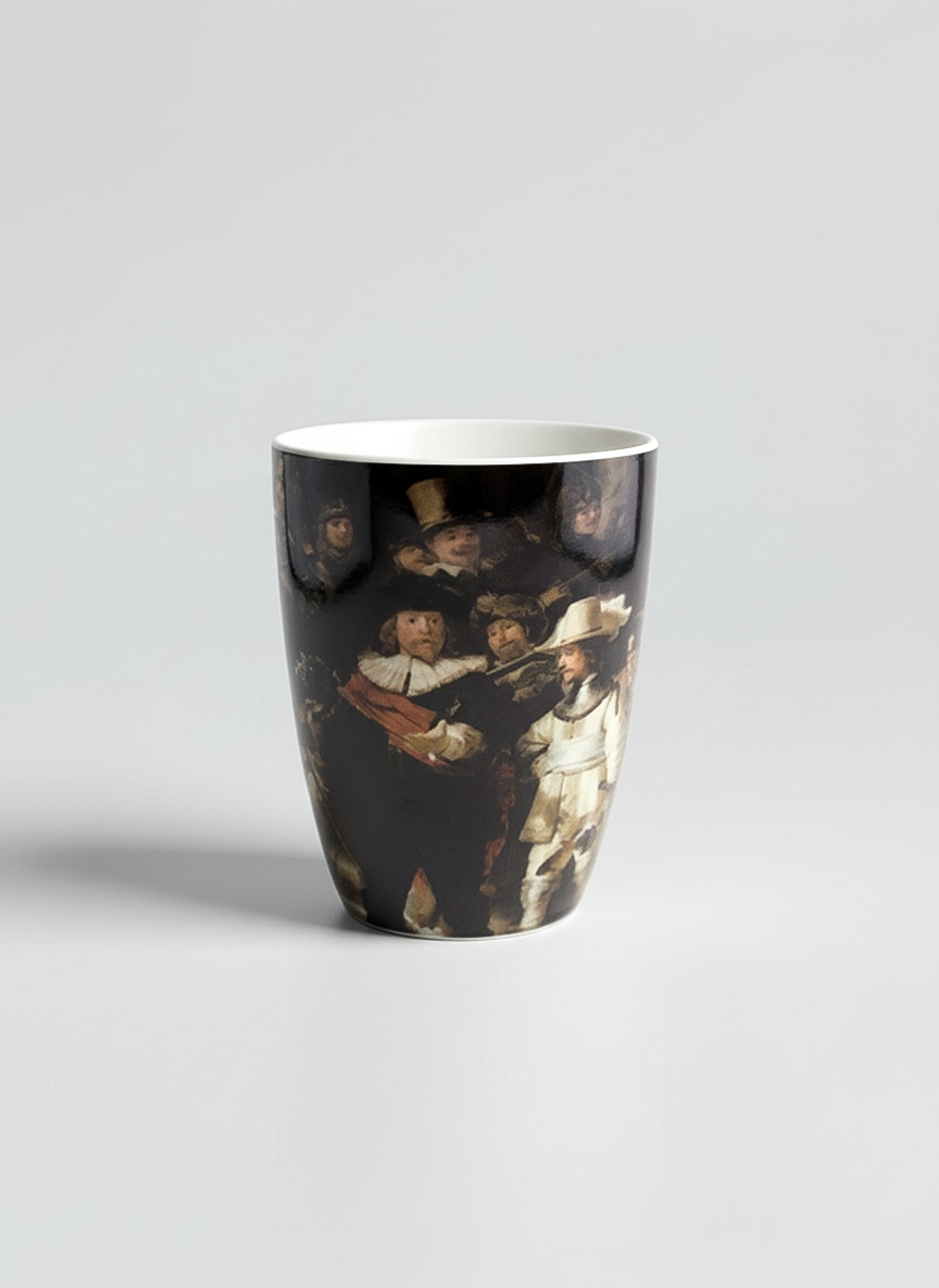 Rembrandt Night Watch porcelain mug side view – art gift, ArtyGifts
