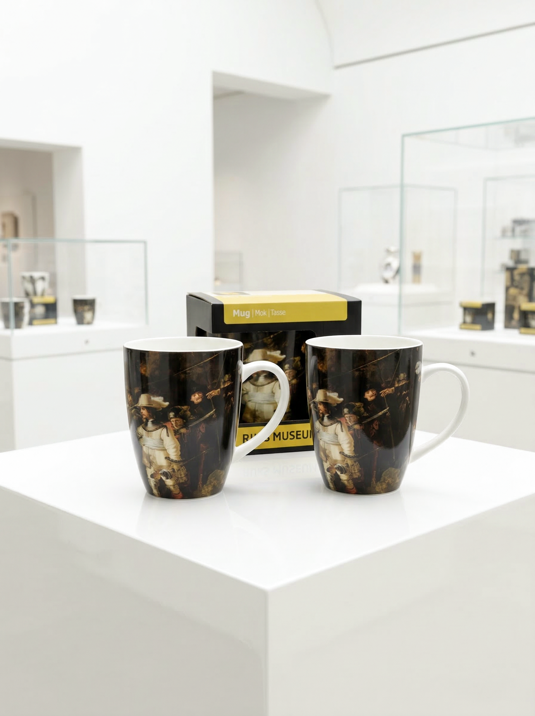 Rembrandt Night Watch porcelain mug set – museum setting, Rijksmuseum, ArtyGifts
