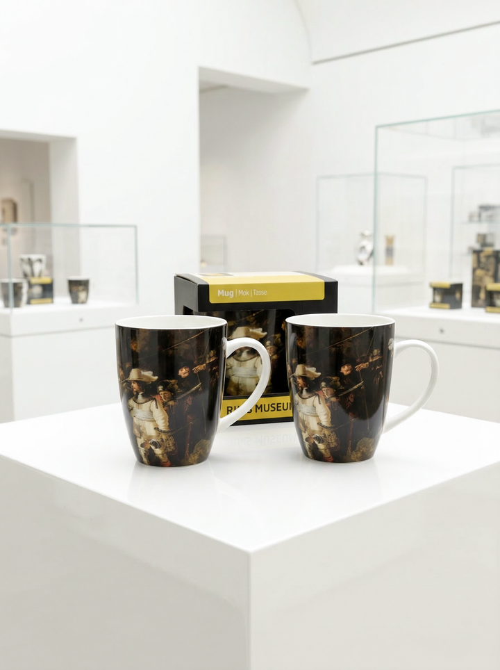 Rembrandt Night Watch porcelain mug set – museum setting, Rijksmuseum, ArtyGifts