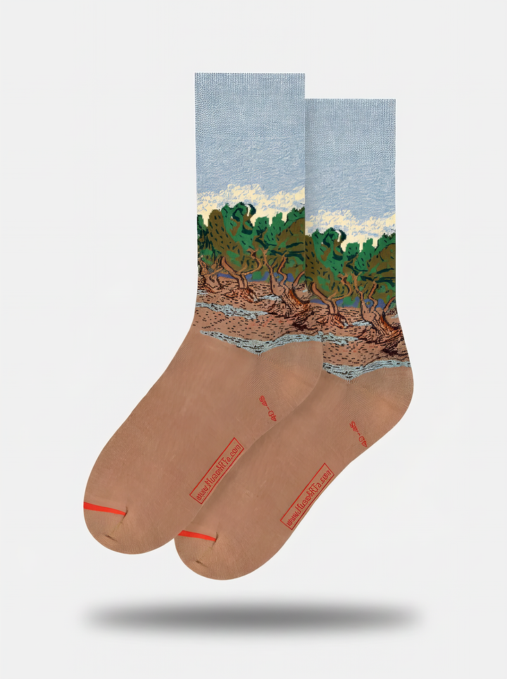 Pair of The Olive Trees art socks by Vincent van Gogh shown on a white background

