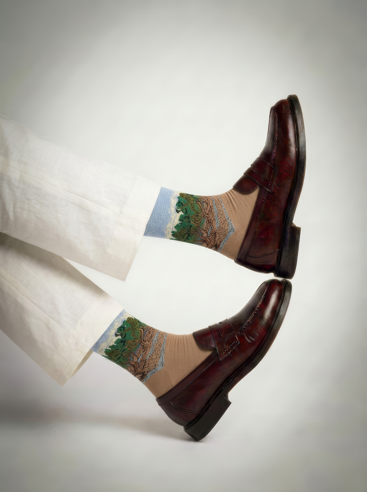 he Olive Trees art socks by Vincent van Gogh styled with black high-heeled pumps on a white background