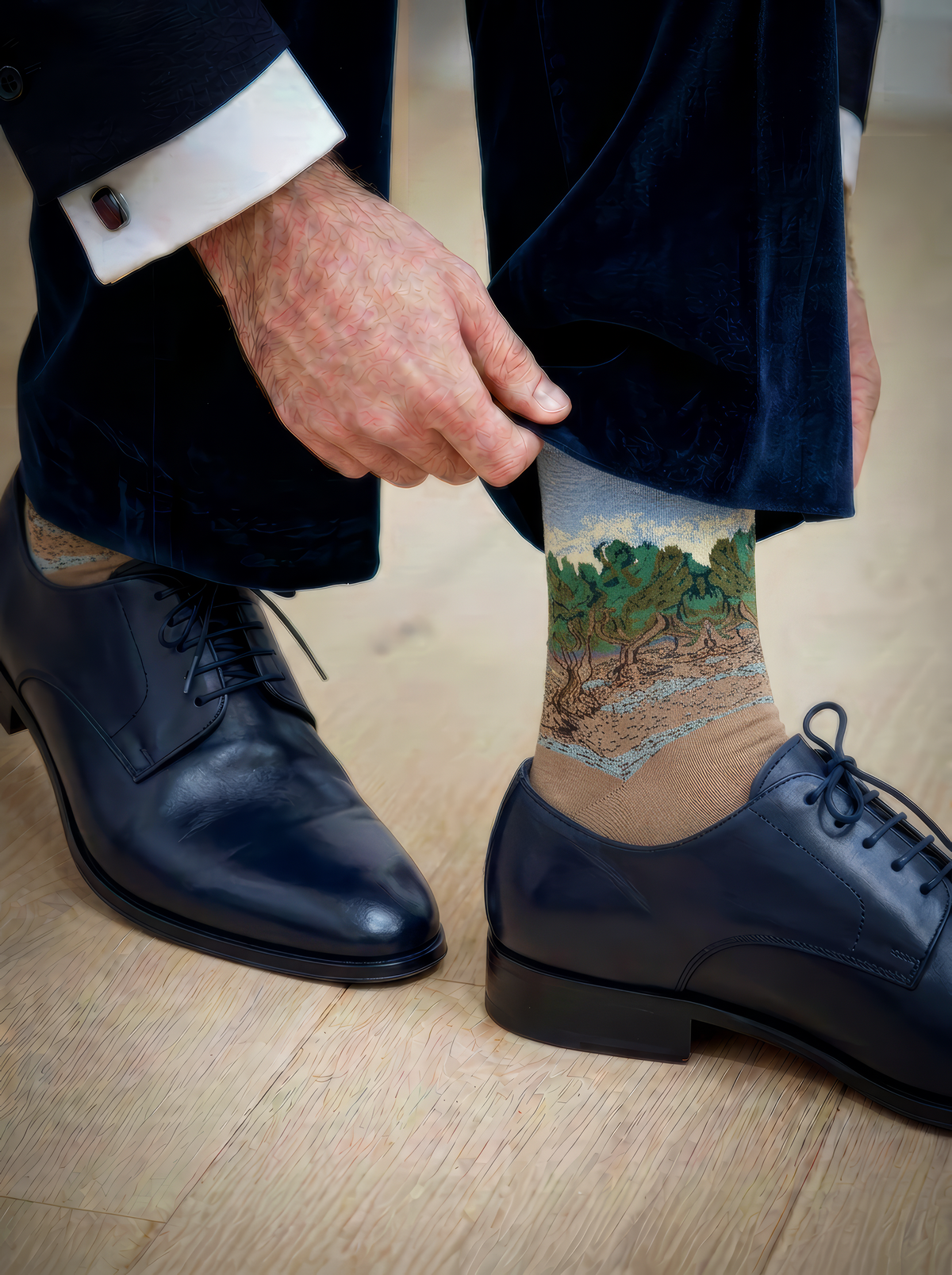 The Olive Trees art socks by Vincent van Gogh worn with black leather dress shoes and dark trousers