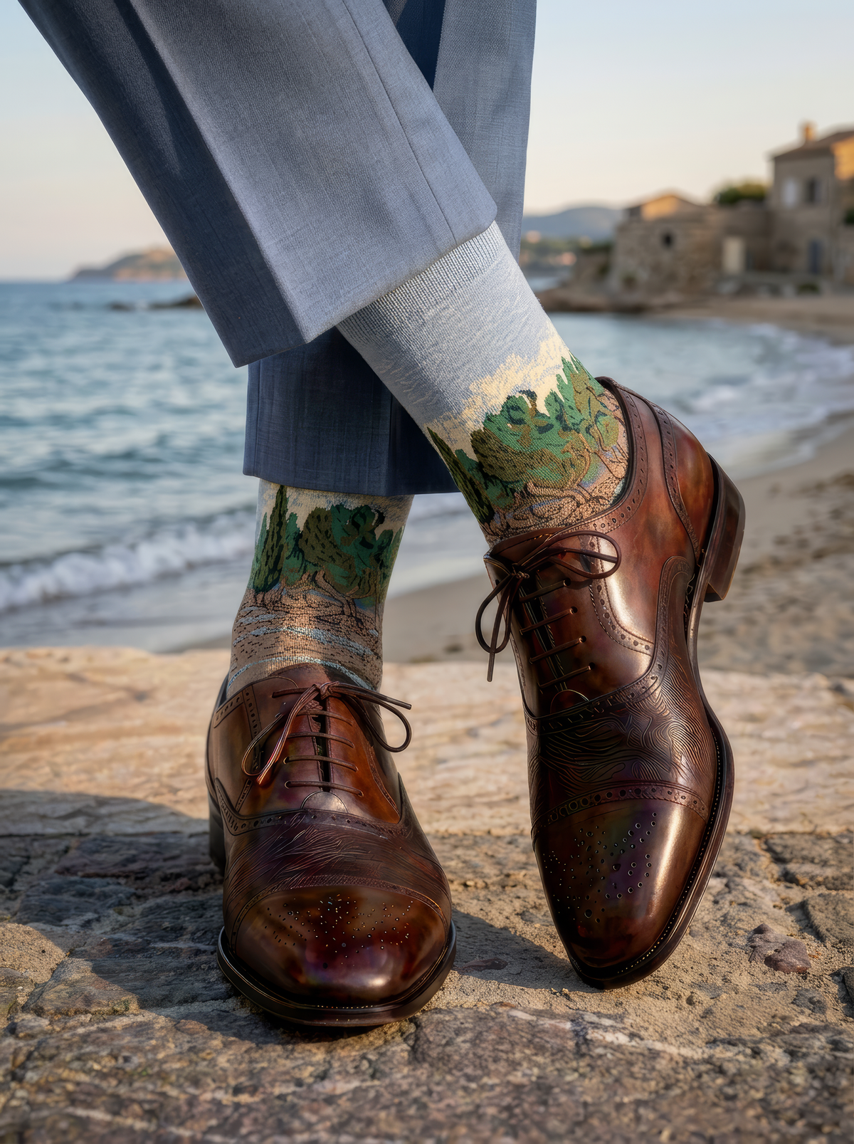 The Olive Trees art socks by Vincent van Gogh worn with brown leather lace-up shoes and light trousers
