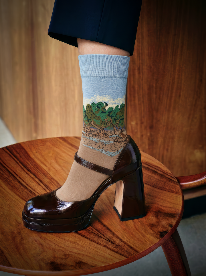 The Olive Trees art socks by Vincent van Gogh worn with brown strappy high-heeled sandals