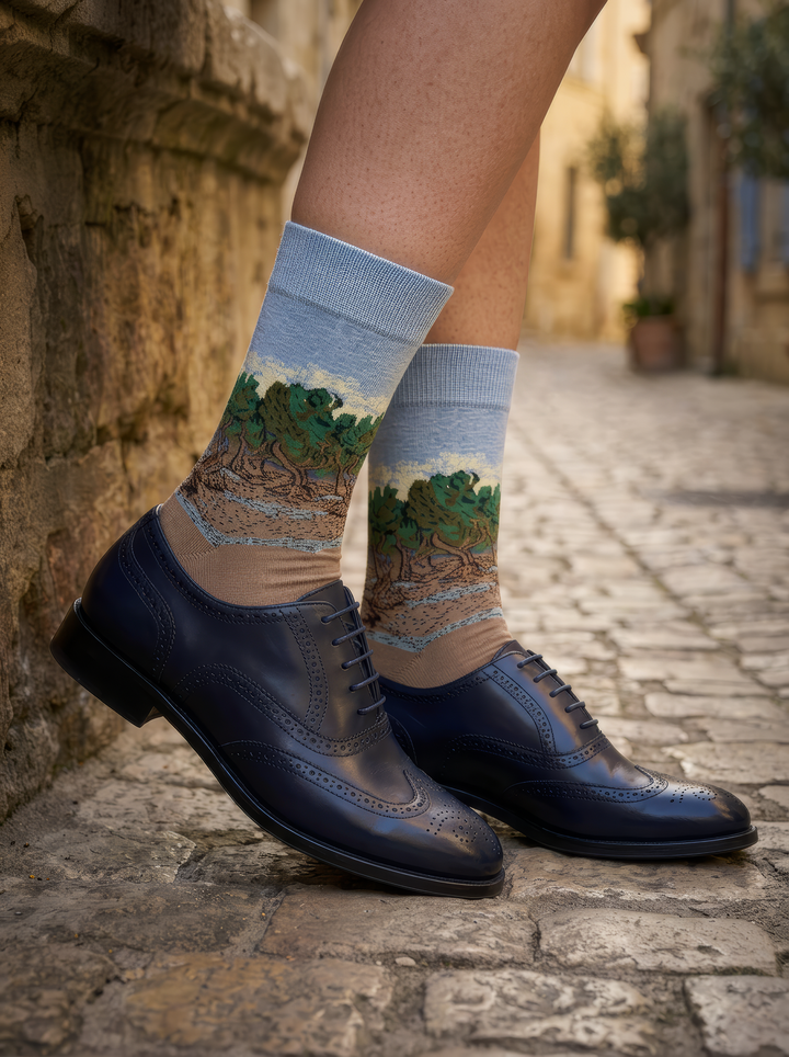 The Olive Trees art socks by Vincent van Gogh worn with dark leather lace-up shoes on stone steps⠋
