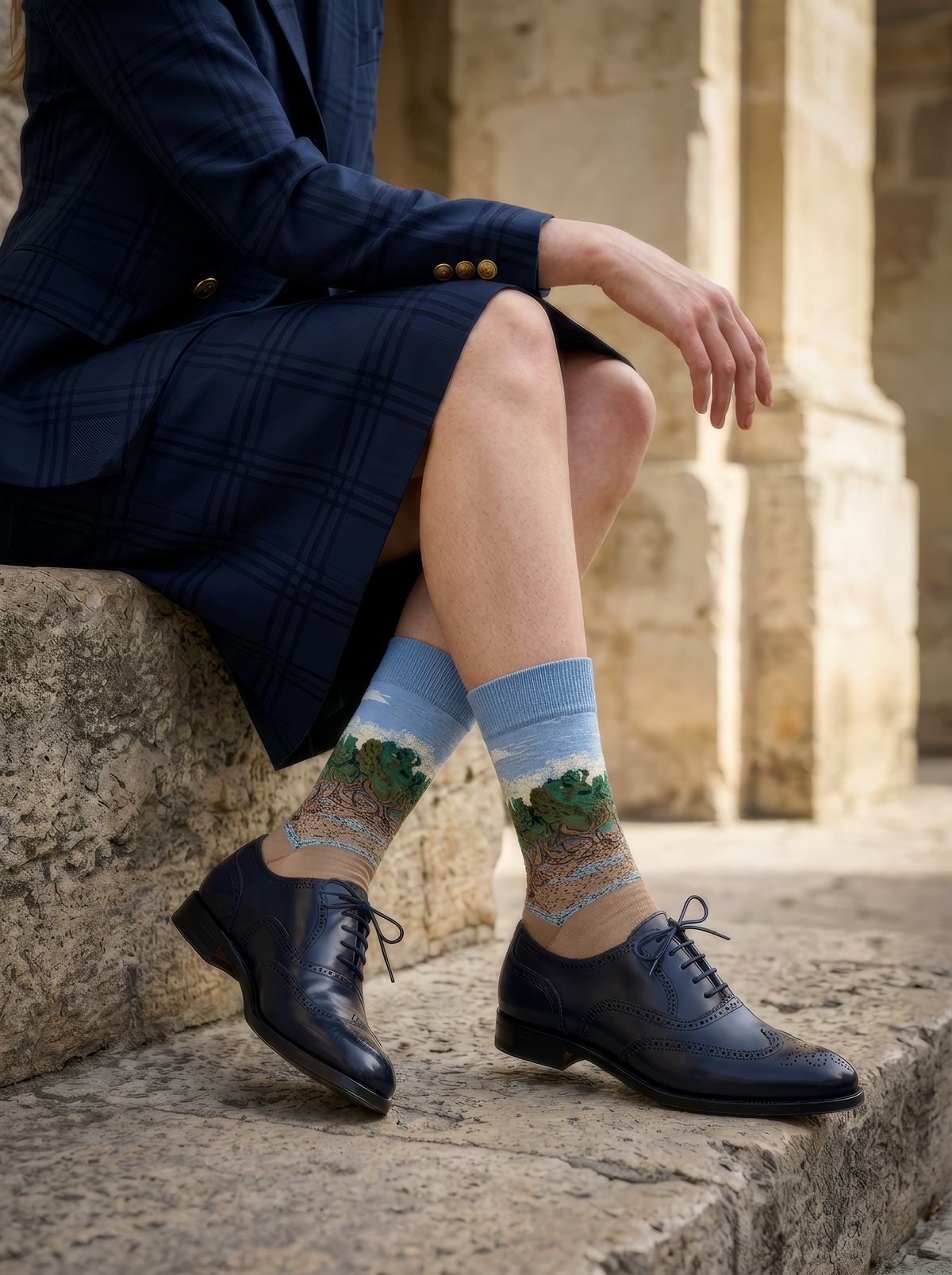 The Olive Trees art socks by Vincent van Gogh worn with dark shoes while seated on stone steps