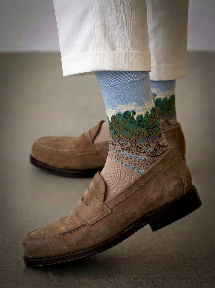 The Olive Trees art socks by Vincent van Gogh worn with tan leather shoes and light trousers