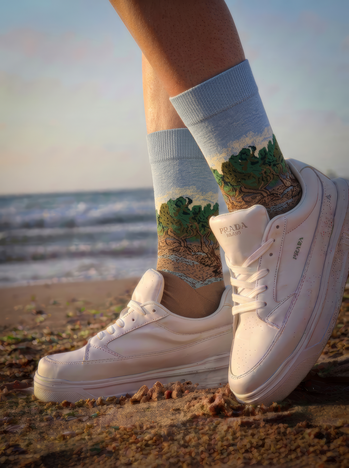 The Olive Trees art socks by Vincent van Gogh worn with white sneakers on a rocky beach