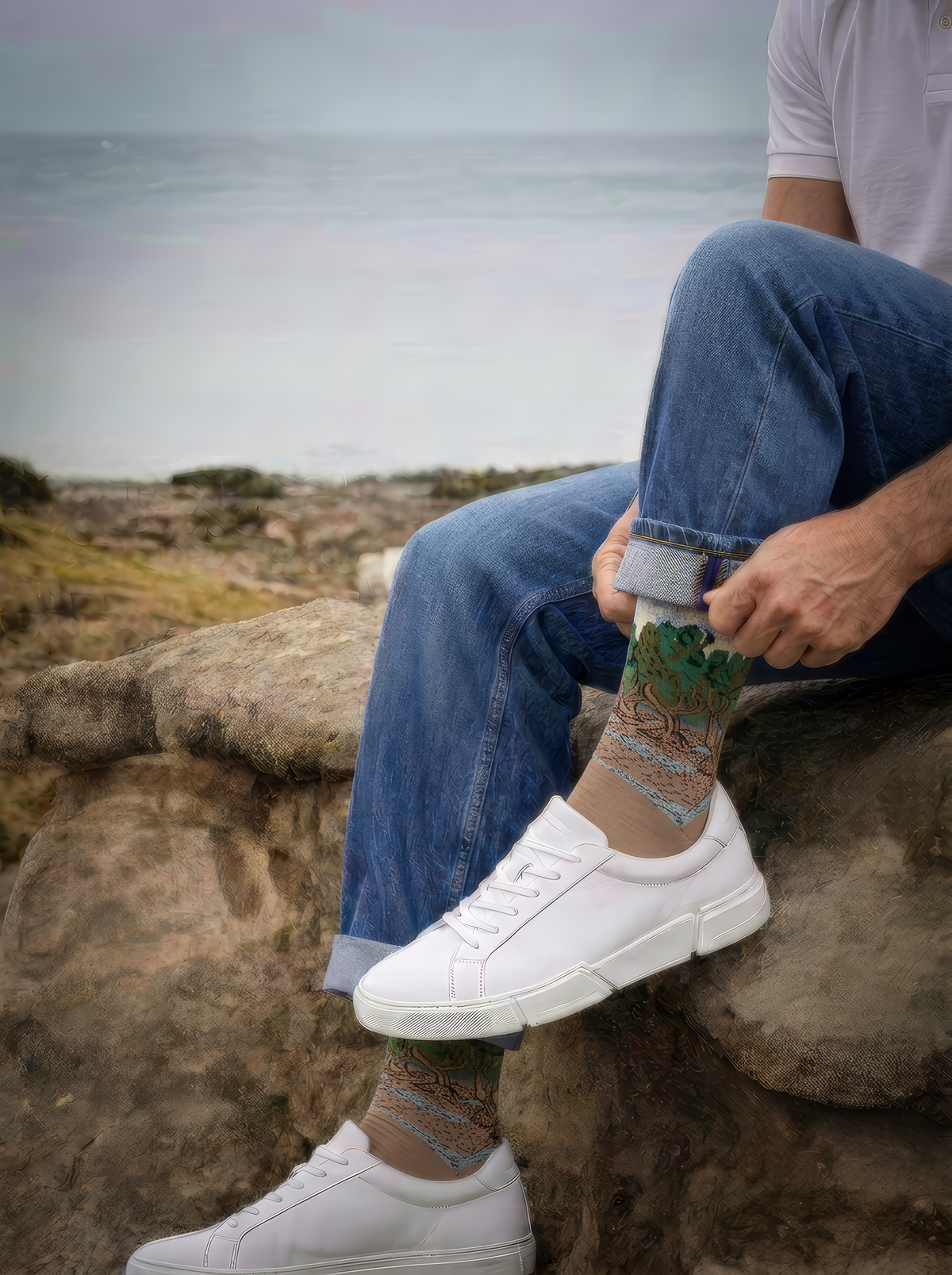 The Olive Trees art socks by Vincent van Gogh worn with white sneakers beside the coast