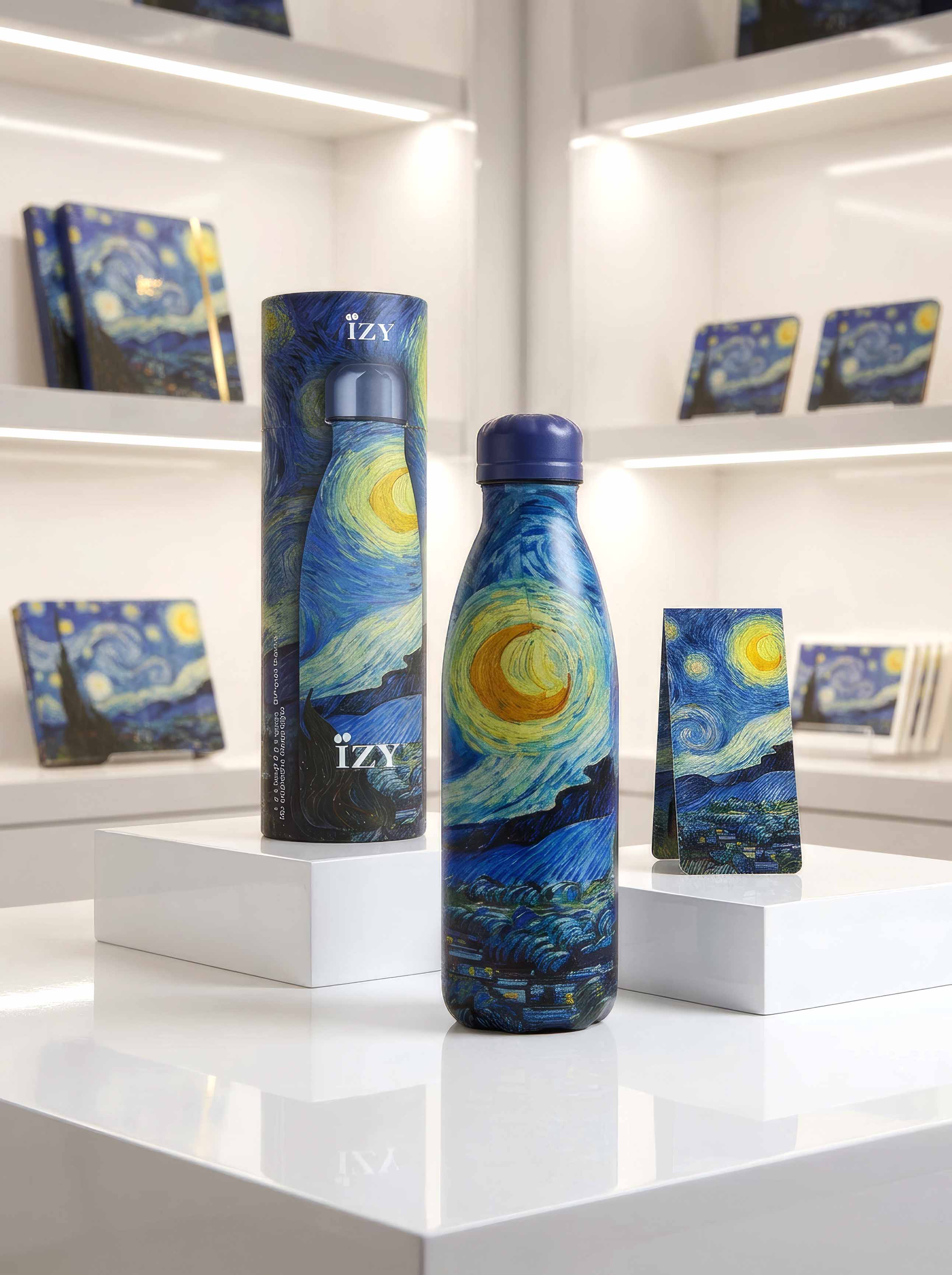 Starry Night thermo bottle by Vincent van Gogh — IZY Bottles x Van Gogh Museum Amsterdam, 500ml, with cylinder gift box and free magnetic bookmark | ArtyGifts
