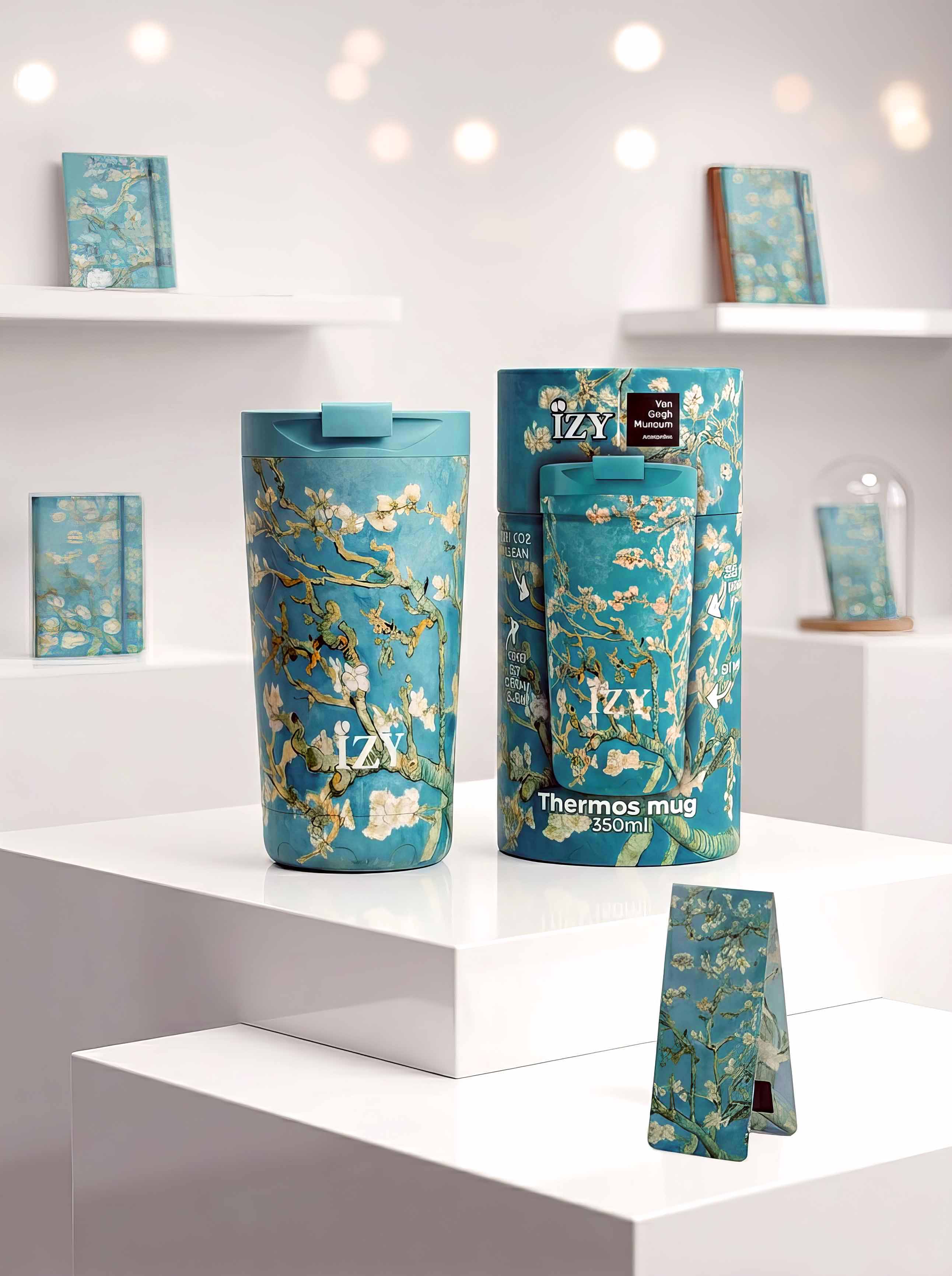 Almond Blossom thermo mug by Vincent van Gogh — IZY x Van Gogh Museum Amsterdam, 350ml travel mug, with cylinder gift box and free magnetic bookmark | ArtyGifts