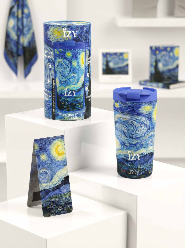 Starry Night thermo mug by Vincent van Gogh — IZY x Van Gogh Museum Amsterdam, 350ml travel mug, with cylinder gift box and free magnetic bookmark | ArtyGifts