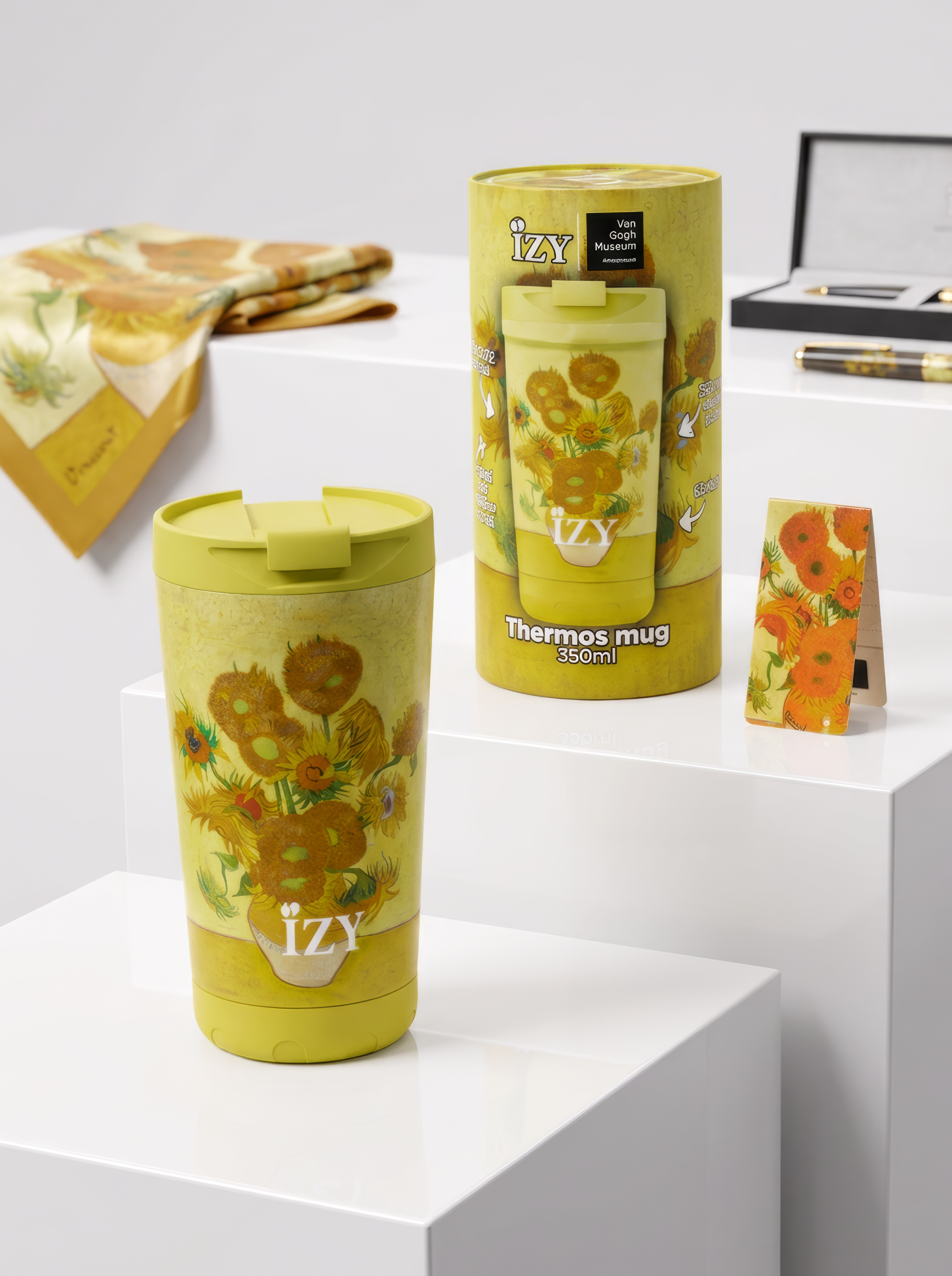 Sunflowers thermo mug by Vincent van Gogh — IZY x Van Gogh Museum Amsterdam, 350ml travel mug, with cylinder gift box and free magnetic bookmark | ArtyGifts