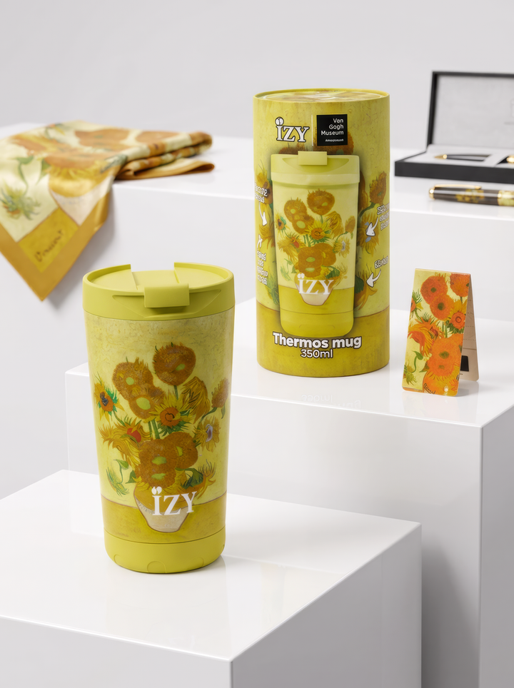 Sunflowers thermo mug by Vincent van Gogh — IZY x Van Gogh Museum Amsterdam, 350ml travel mug, with cylinder gift box and free magnetic bookmark | ArtyGifts