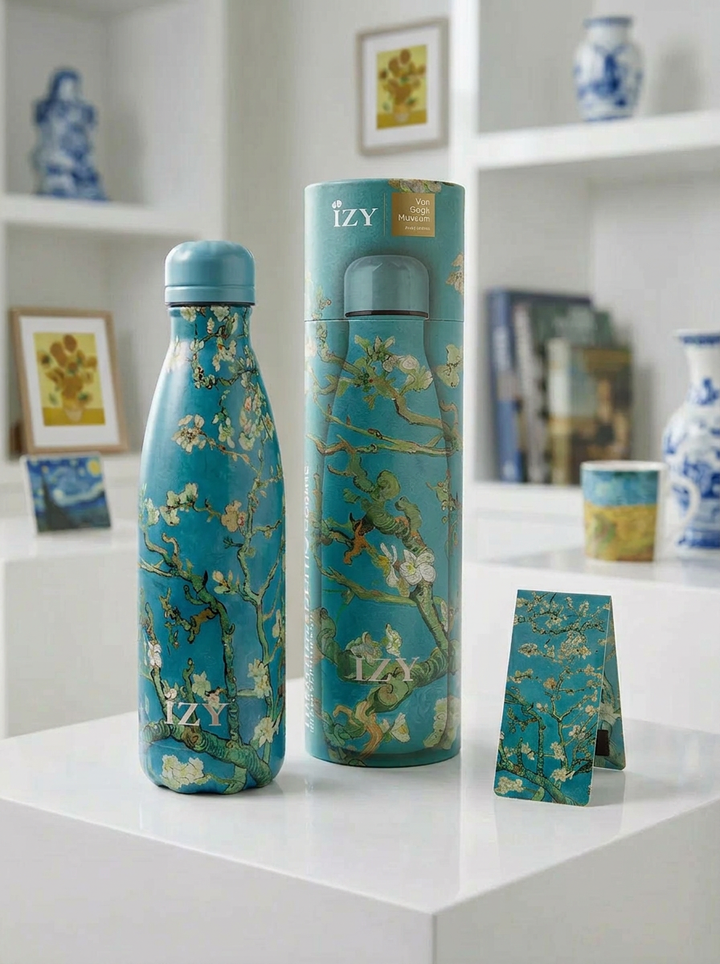 Van Gogh Almond Blossom thermo bottle set with bookmark in gallery setting — Van Gogh Museum x ArtyGifts
