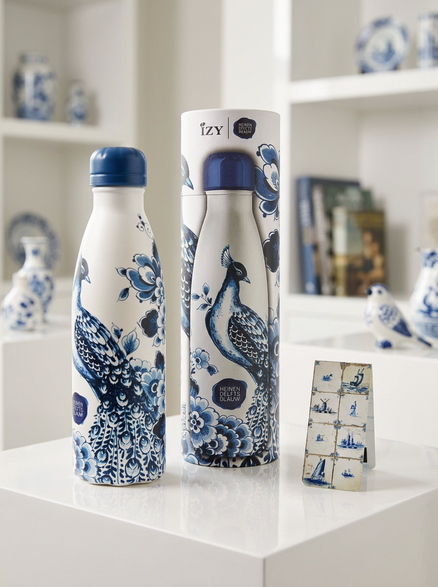 Thermo Bottle Delft Blue Peacock – art gift with free magnetic bookmark | ArtyGifts
