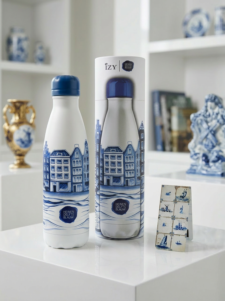 Thermo Bottle Dutch Delft Blue Canal Houses – art gift with free magnetic bookmark | ArtyGifts
