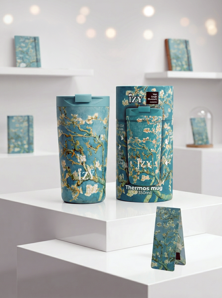 Thermo Mug Almond Blossom Vincent van Gogh – art gift with free magnetic bookmark | ArtyGifts
