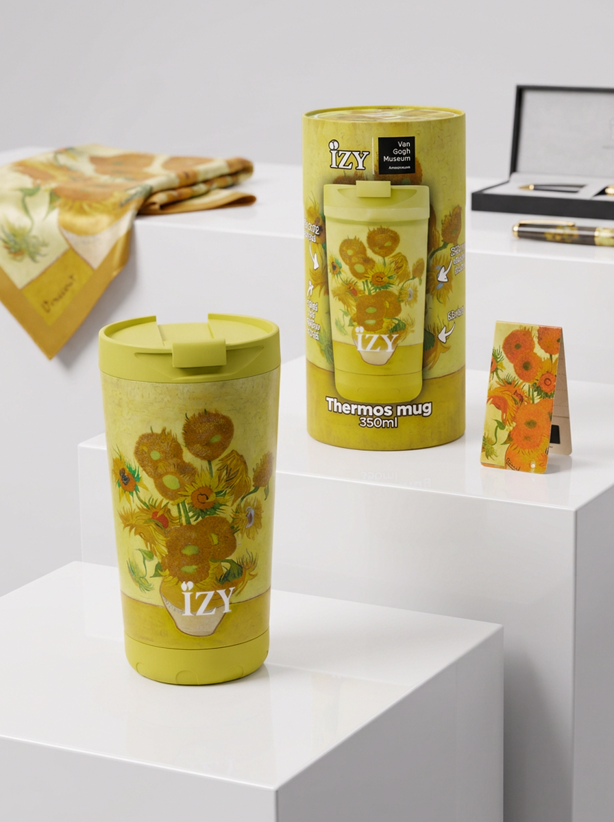 Thermo Mug Sunflowers Vincent van Gogh – art gift with free magnetic bookmark | ArtyGifts
