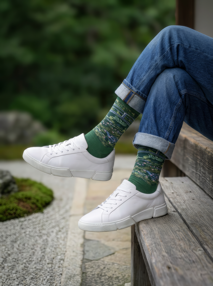 Person wearing green Claude Monet The Japanese Bridge art socks with blue trousers and white sneakers while seated outdoors. For women and men.