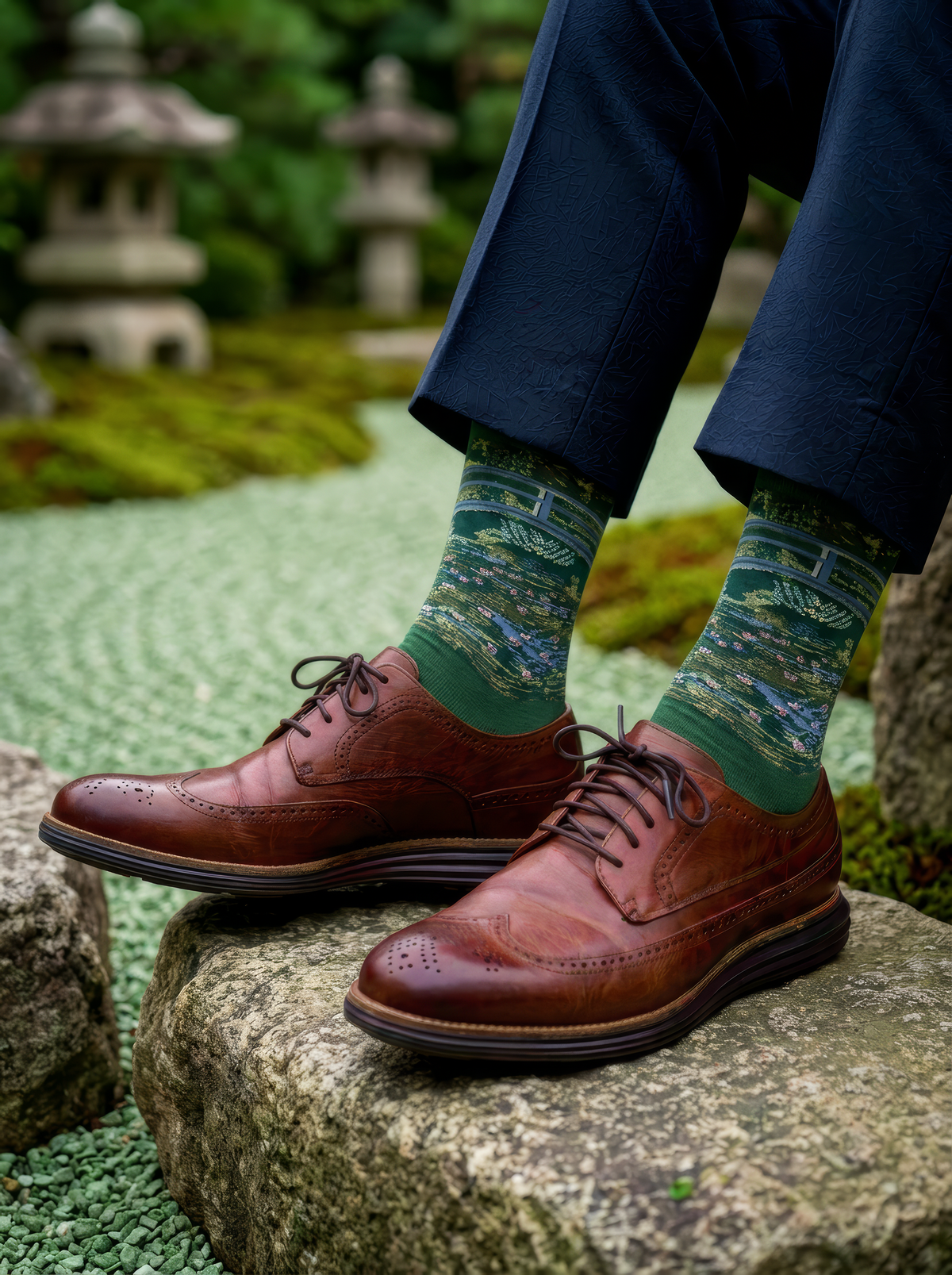 Person wearing green Claude Monet The Japanese Bridge art socks with dark blue trousers and brown leather lace-up shoes. Unisex socks for women and men.