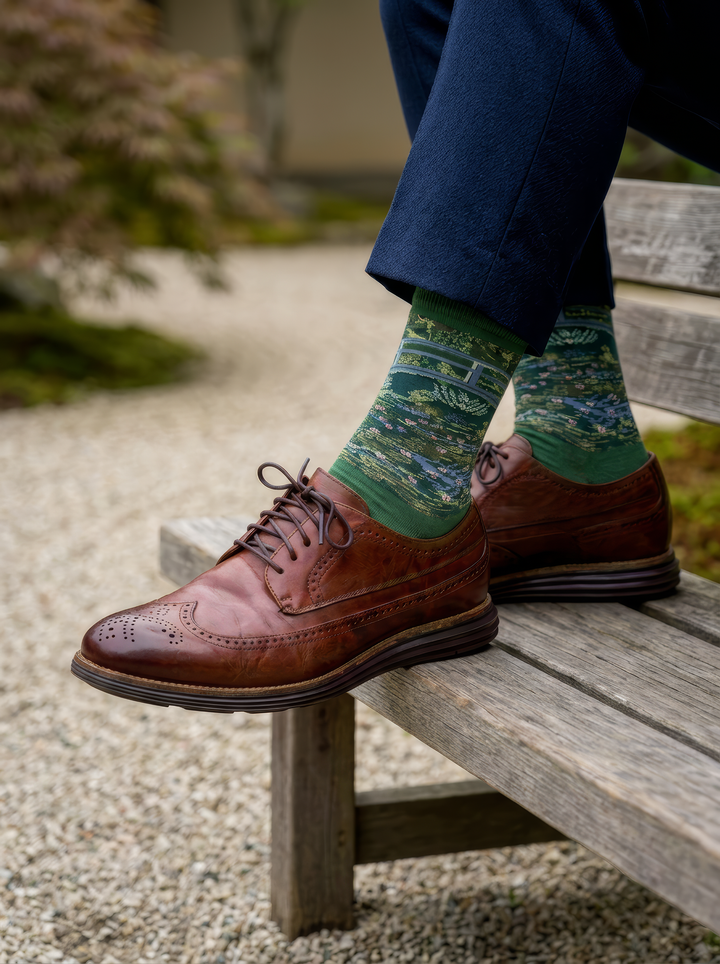 Person wearing green Claude Monet The Japanese Bridge art socks with dark blue trousers and brown leather shoes while seated on a bench. For women and men.
