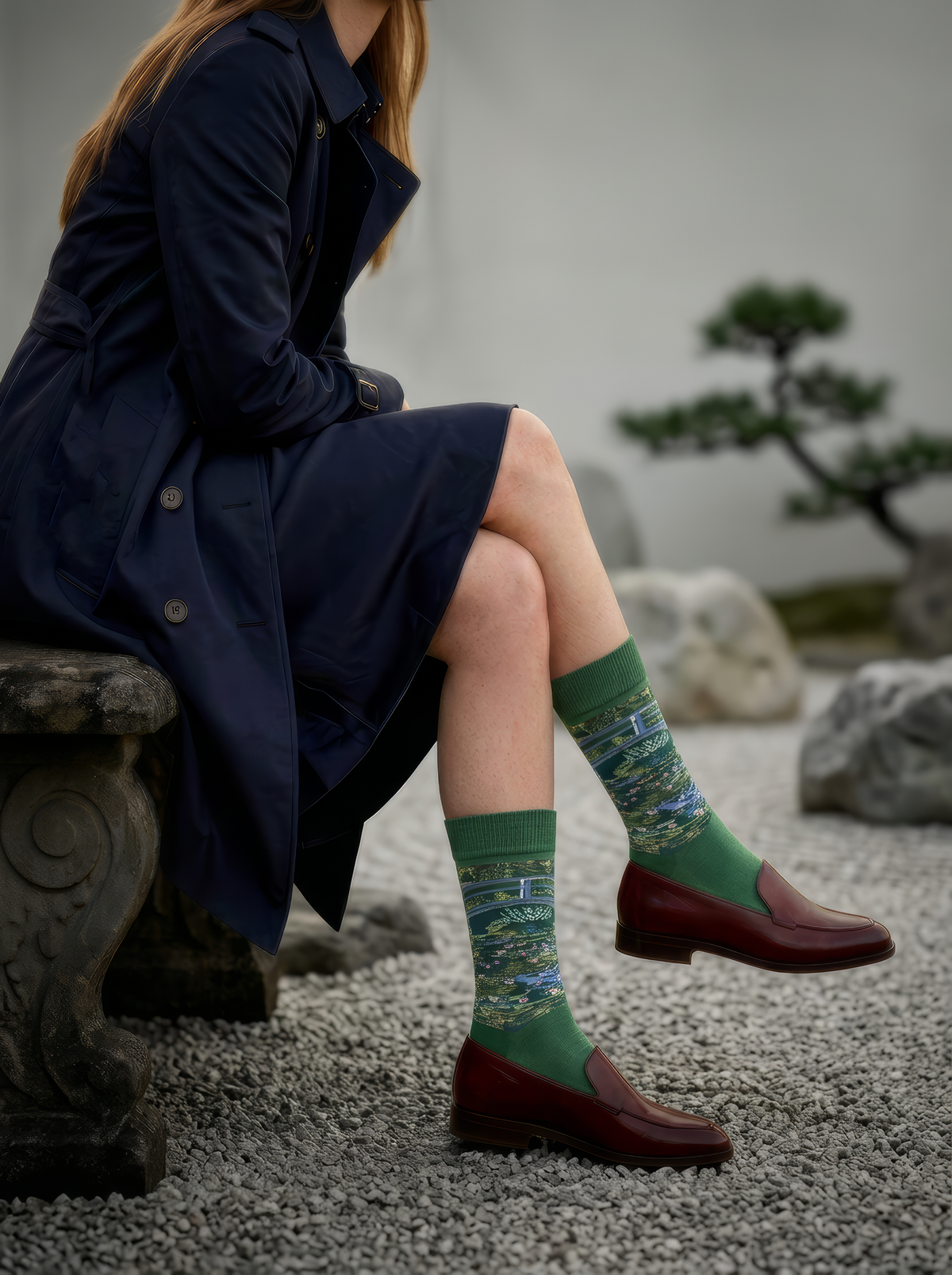 Person wearing green Claude Monet The Japanese Bridge art socks with a dark outfit and brown shoes while seated outdoors. For women and men.