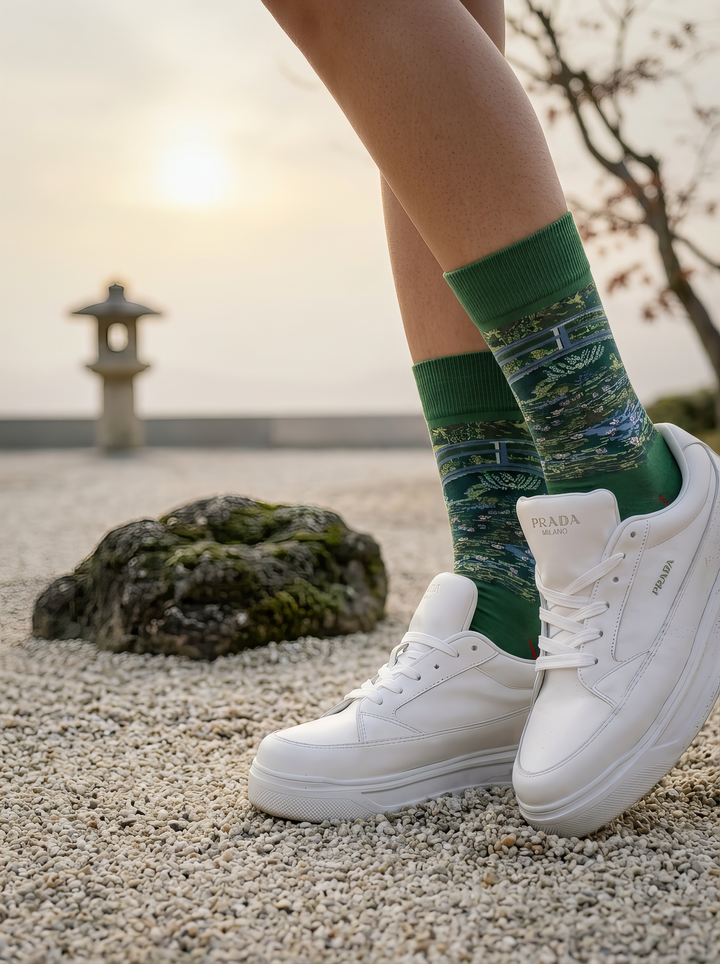 Person wearing green Claude Monet The Japanese Bridge art socks with white sneakers beside a garden stone and Japanese-style landscape. For women and men.