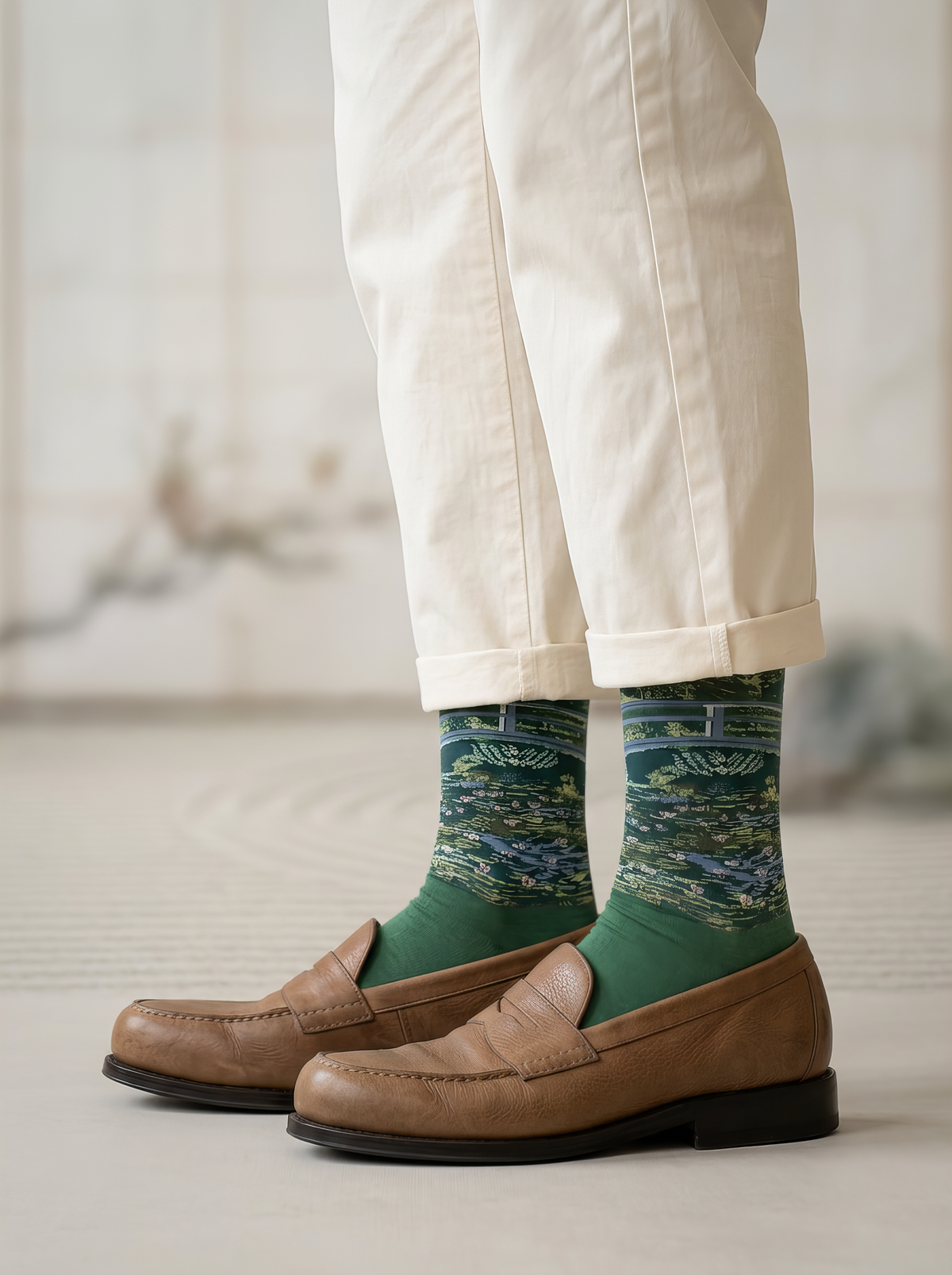 Person wearing green Claude Monet The Japanese Bridge art socks with white trousers and brown leather lace-up shoes. Unisex socks for women and men.