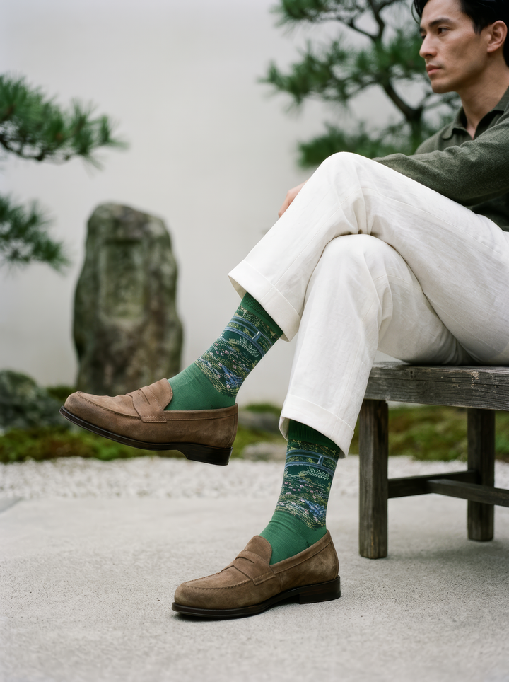 Person wearing green Claude Monet The Japanese Bridge art socks with white trousers and dark low shoes. Unisex socks for women and men.