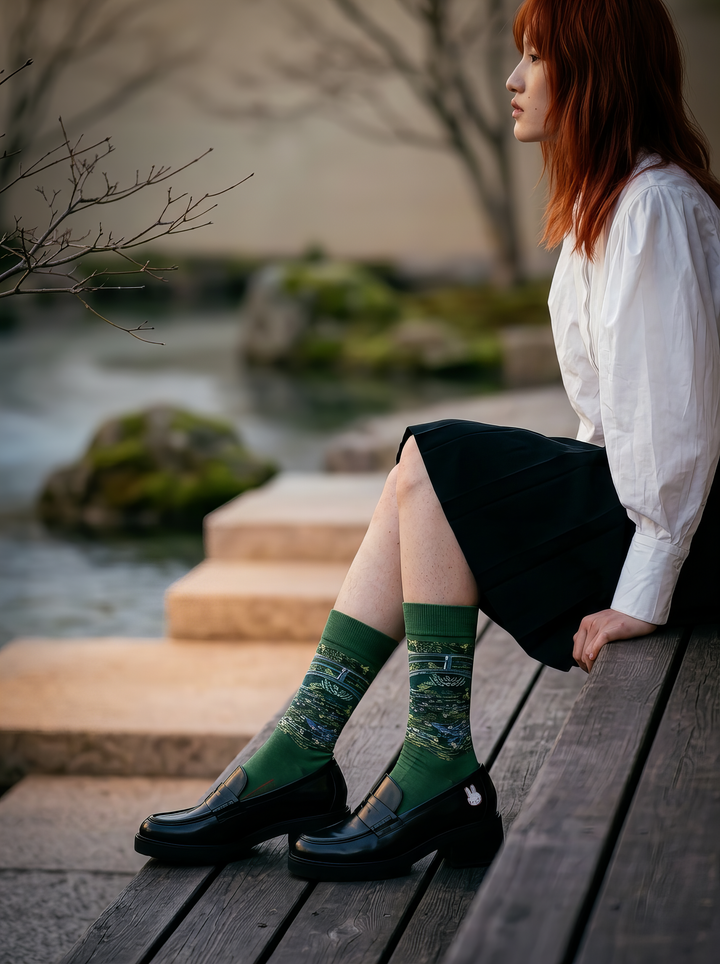 Person wearing green Claude Monet The Japanese Bridge art socks with a black skirt and dark shoes in a garden setting. Unisex art socks for women and men.