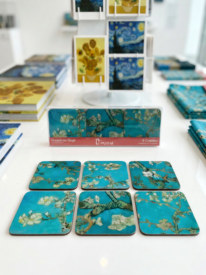 Van Gogh Almond Blossom set of 6 coasters on white table — museum art gift | ArtyGifts