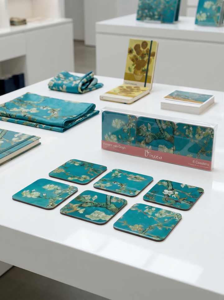 Van Gogh Almond Blossom coaster set with gift box — perfect art souvenir gift | ArtyGifts