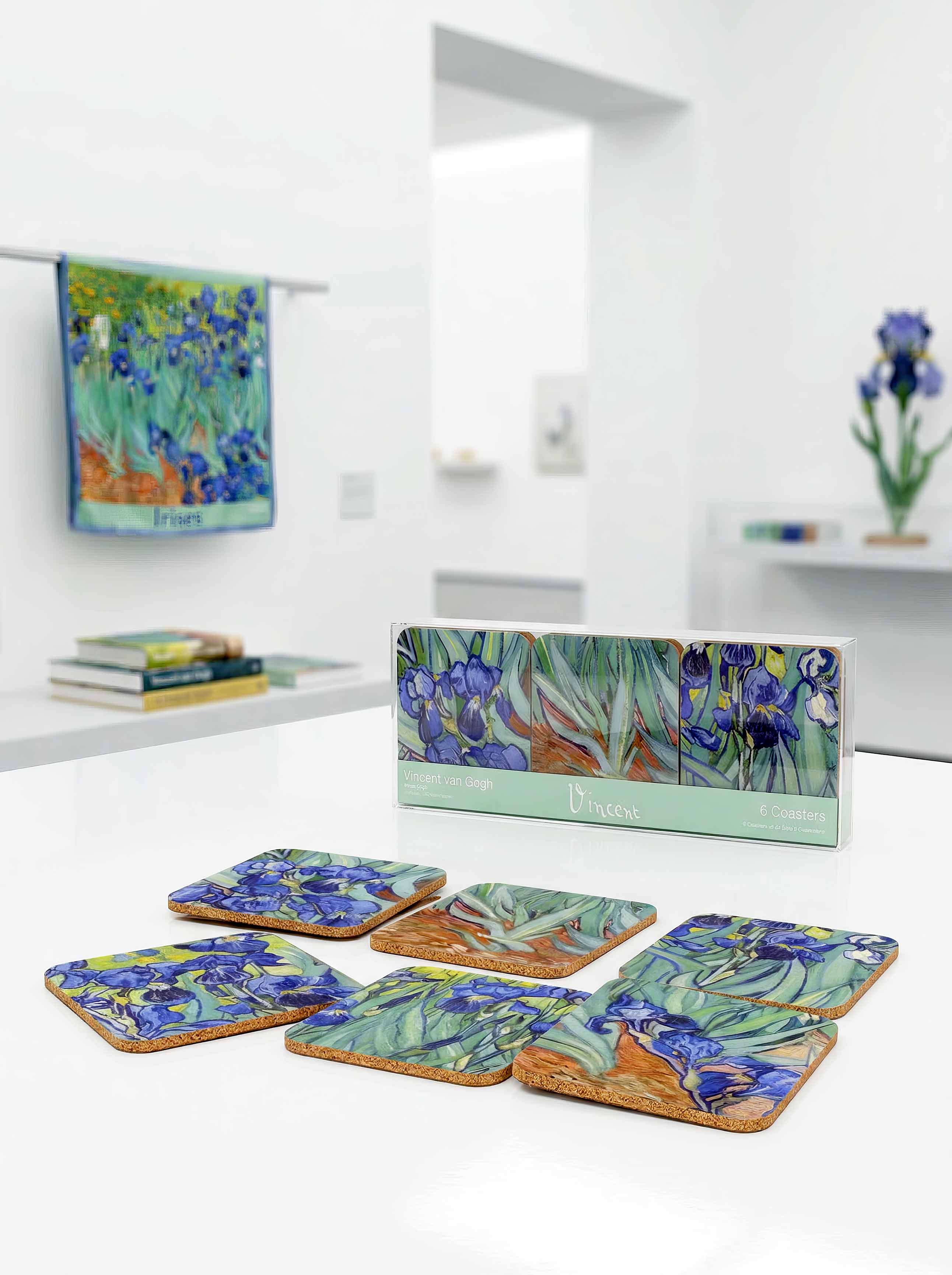 Van Gogh Irises coaster set with gift box in styled home setting — art souvenir gift for him or her | ArtyGifts