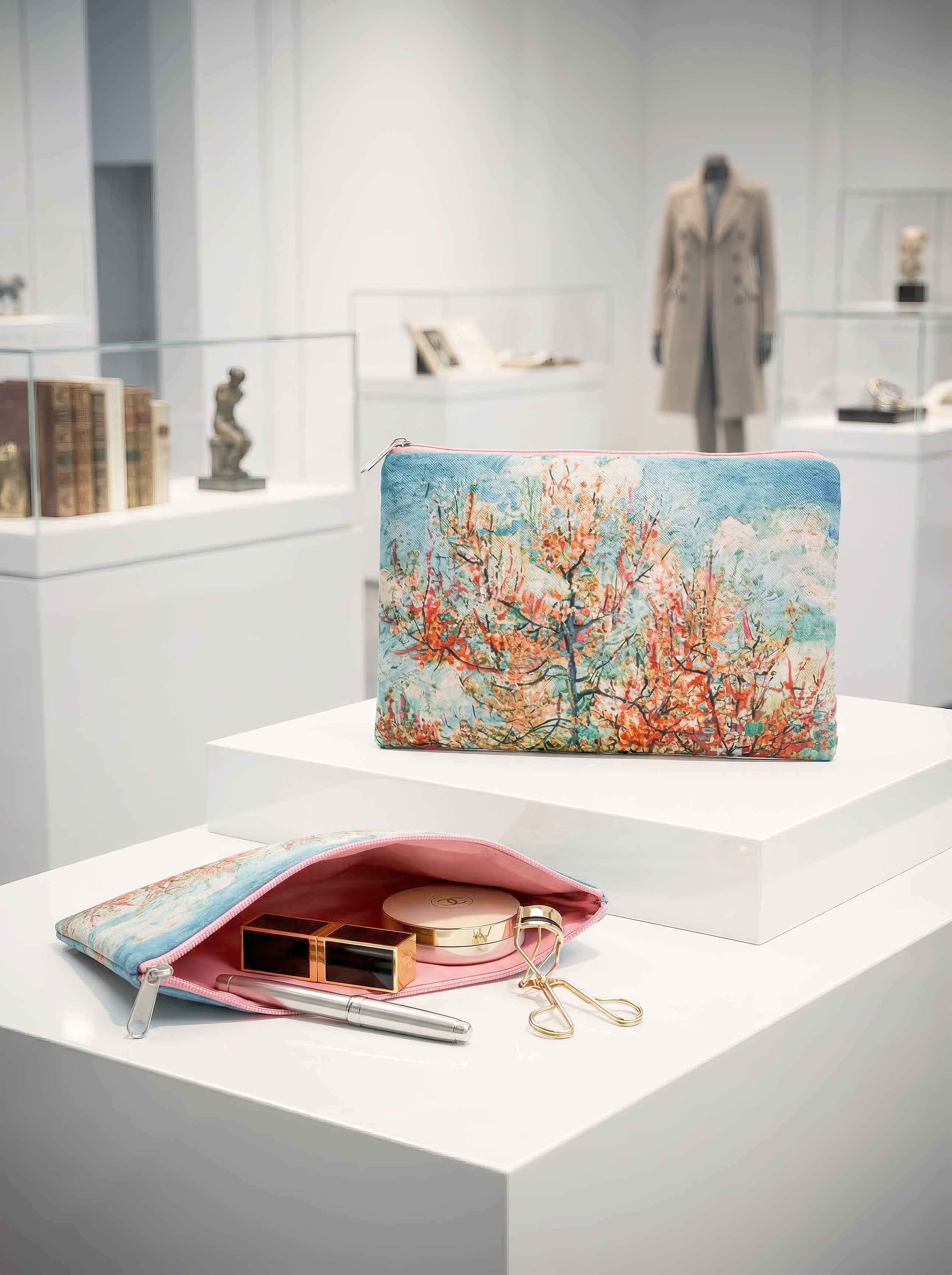 Van Gogh Souvenir de Mauve cosmetic travel bag open with make-up in museum setting — Van Gogh Museum art gift for her | ArtyGifts
