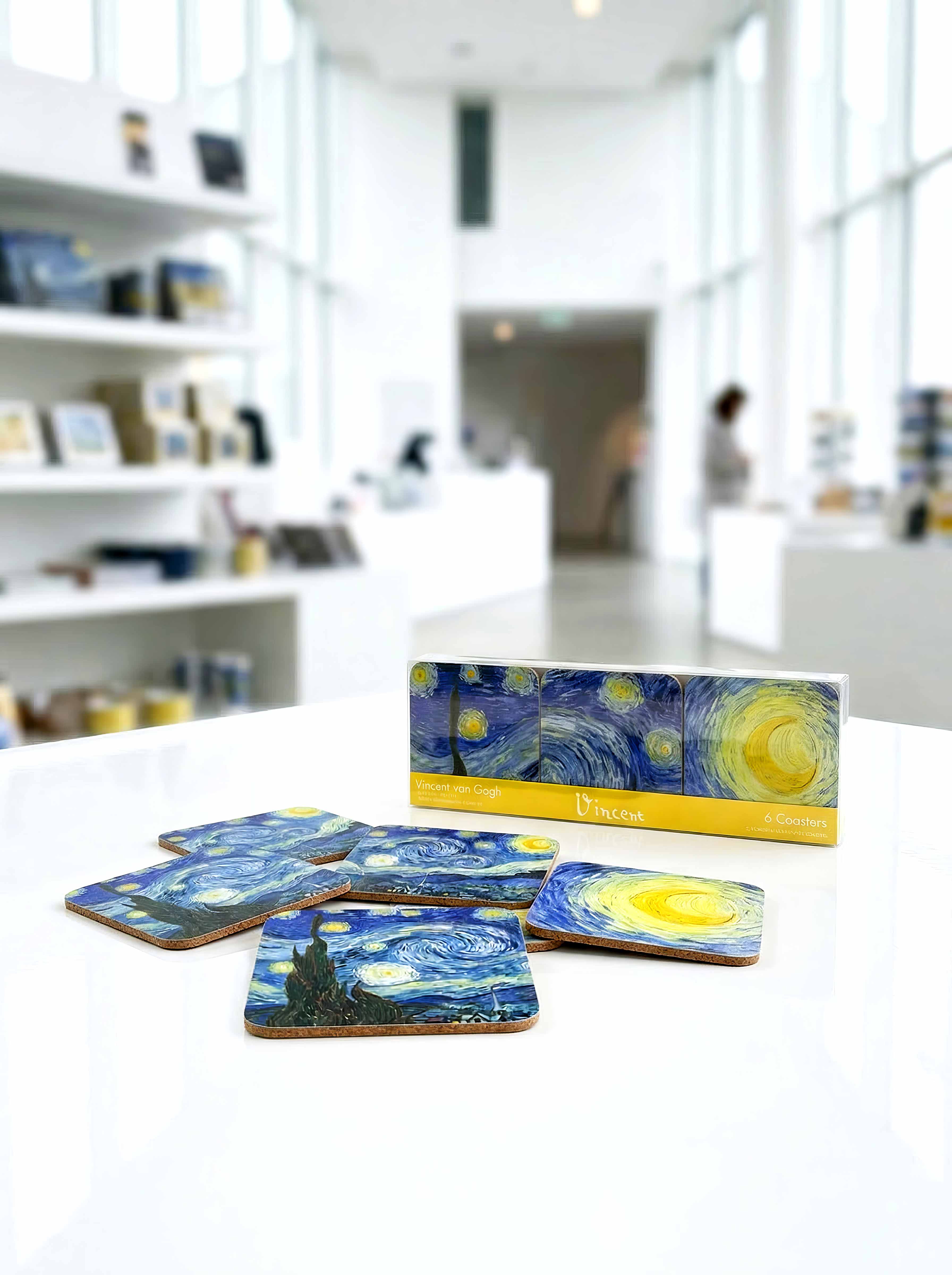 Van Gogh Starry Night coaster set with gift box in museum setting — art souvenir gift for him or her | ArtyGifts
