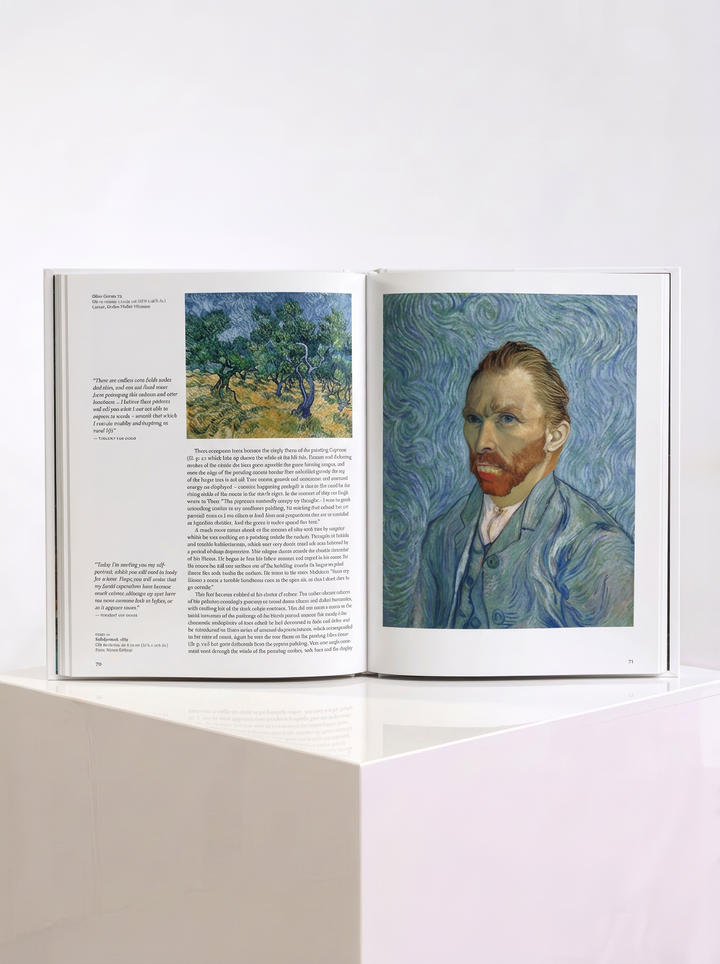 Open Van Gogh art book displayed on a white pedestal, showing a Vincent van Gogh self-portrait and an illustrated text page.