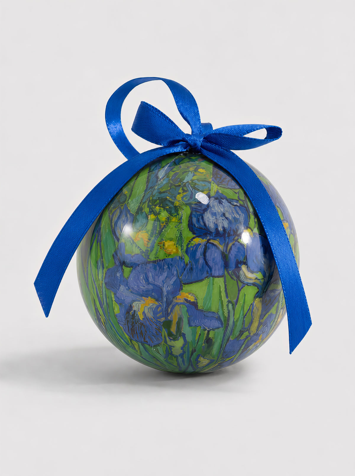 Van Gogh Irises Christmas bauble close-up on white background with blue ribbon – officially licensed museum art ornament from ArtyGifts