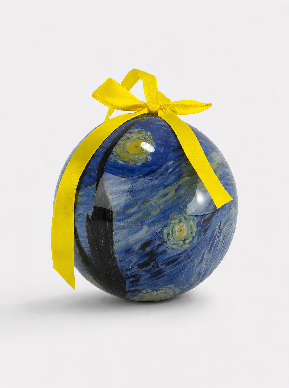 Van Gogh Starry Night Christmas bauble close-up on white background with yellow ribbon – officially licensed museum art ornament from ArtyGifts