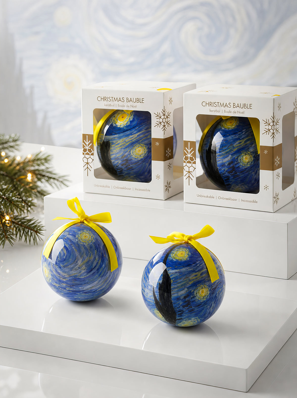 Van Gogh Starry Night Christmas baubles with gift boxes in front of Starry Night painting – officially licensed museum art ornament from ArtyGifts
