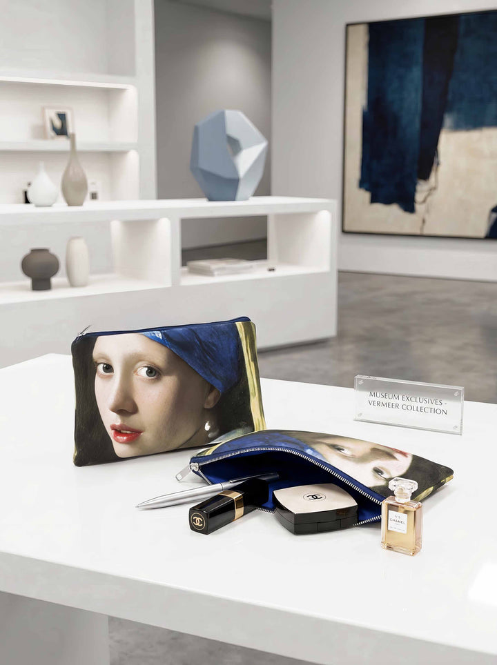 Vermeer Girl with the Pearl Earring compact cosmetic travel bag open with make-up in museum setting — Mauritshuis art gift for her | ArtyGifts