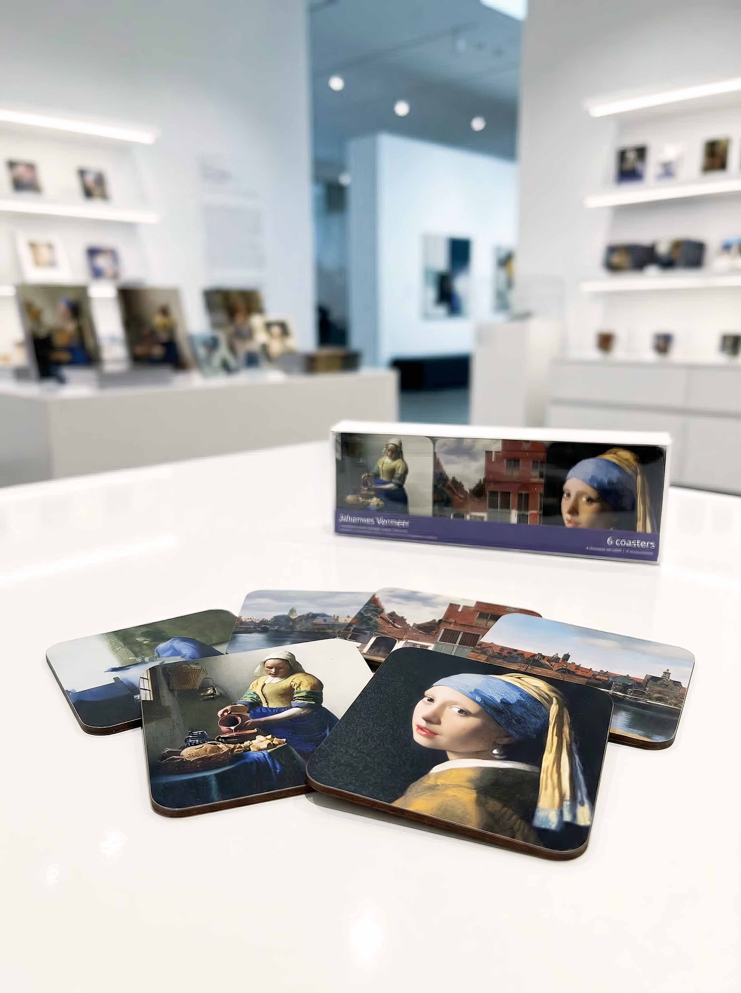 Vermeer Masterpieces coaster set with gift box in museum setting — art souvenir gift for him or her | ArtyGifts