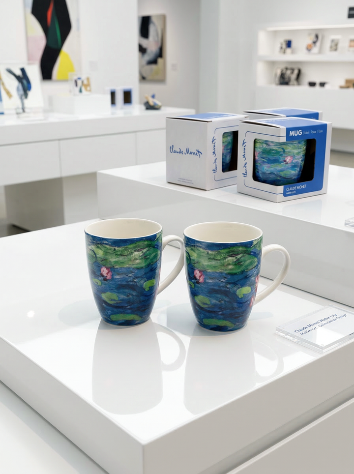 Monet Water Lilies Musée de l'Orangerie mug set – two porcelain mugs on white surface, ArtyGifts