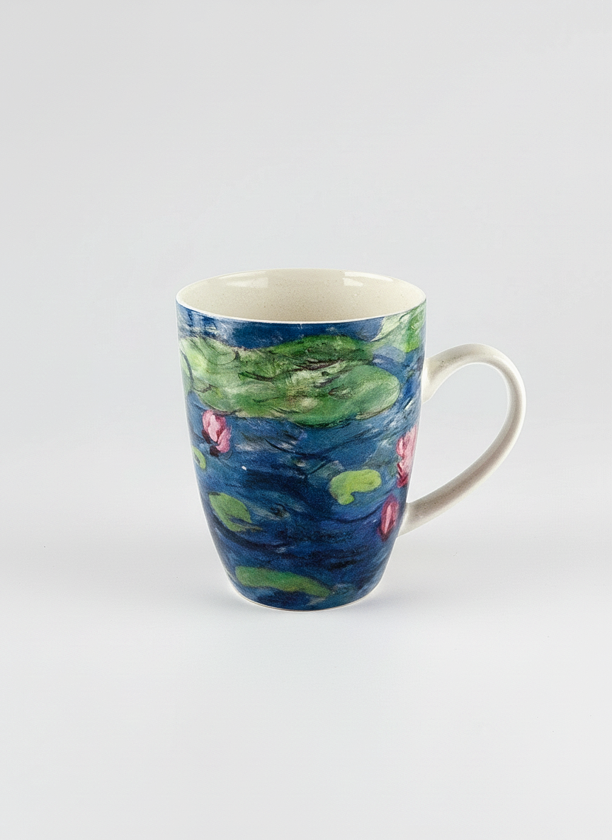 Monet Water Lilies Musée de l'Orangerie mug – close-up of porcelain mug with gift box, ArtyGifts