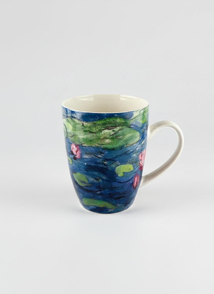 Monet Water Lilies Musée de l'Orangerie mug – close-up of porcelain mug with gift box, ArtyGifts