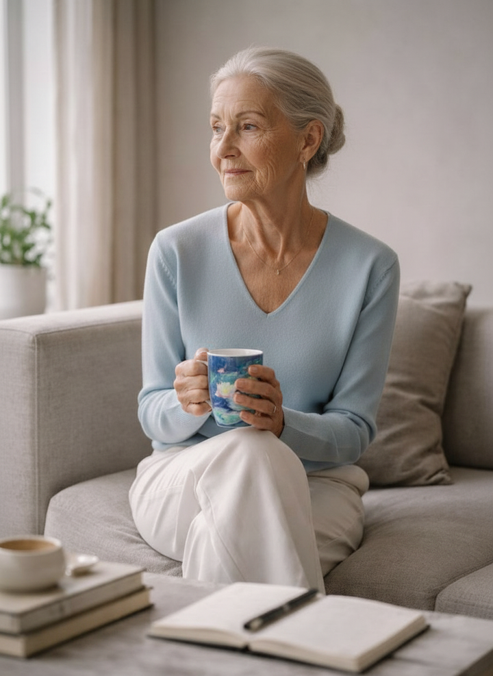 Monet Water Lilies Evening Light mug set – woman holding porcelain mug, ArtyGifts