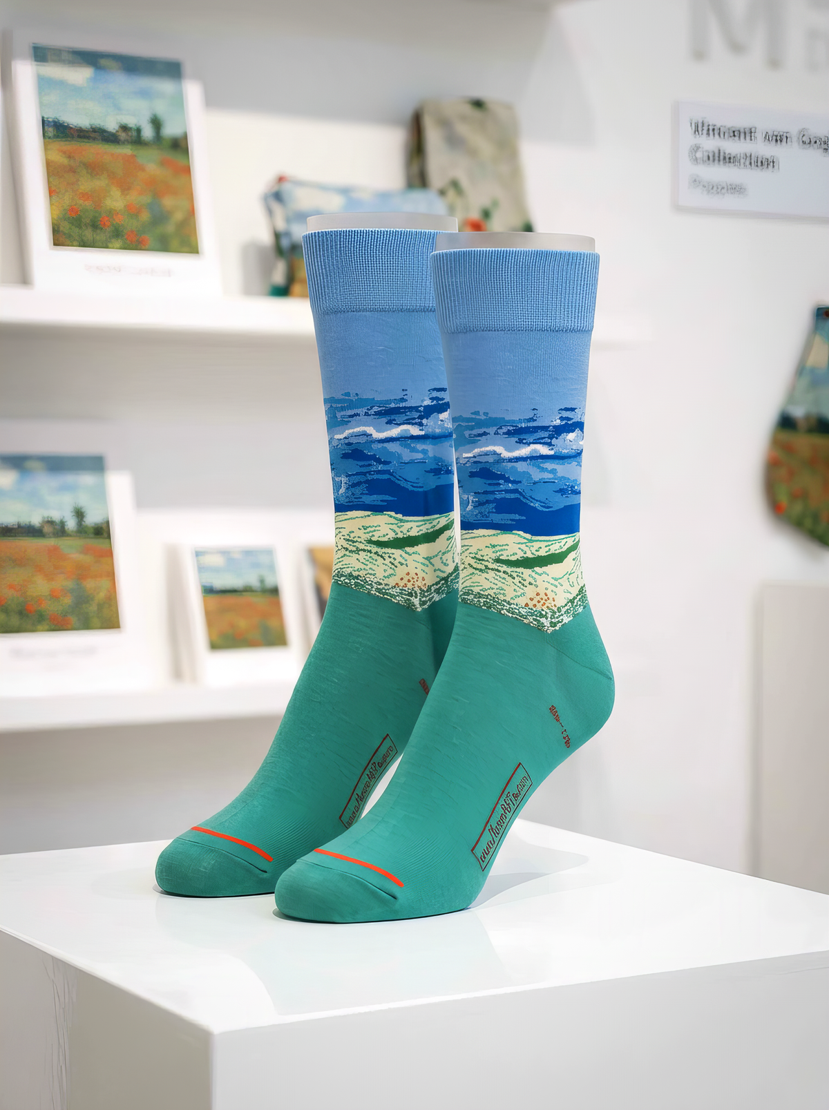 Wheat Field under Thunderstorm Sky art socks by Vincent van Gogh displayed on a white pedestal